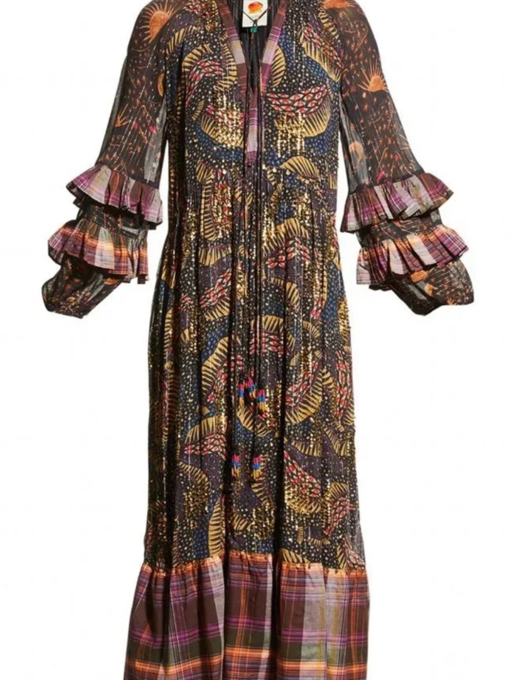 FARM Rio Black Maxi Dress with Gold, Pink & Blue Accents